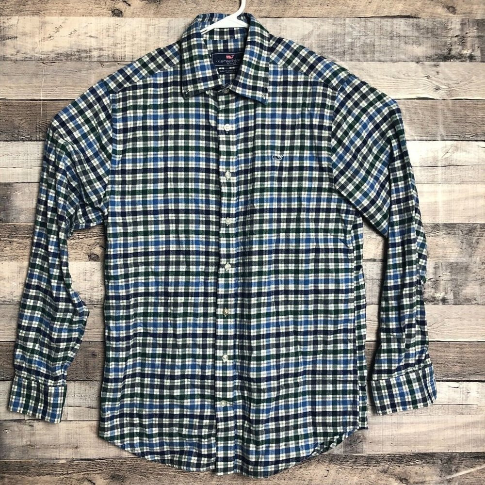 Vineyard Vines Flannel Shirt Mens Medium Button Up Long Sleeve Plaid Whale Slim